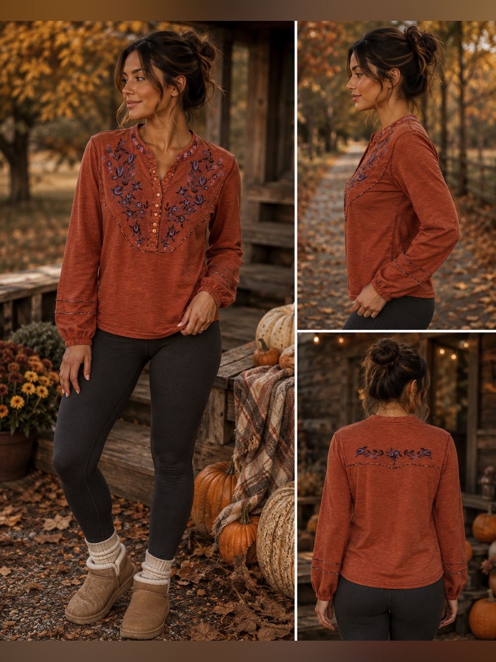Free People Rust Orange Embroidered Boho Henley Long Sleeve Top Size Large